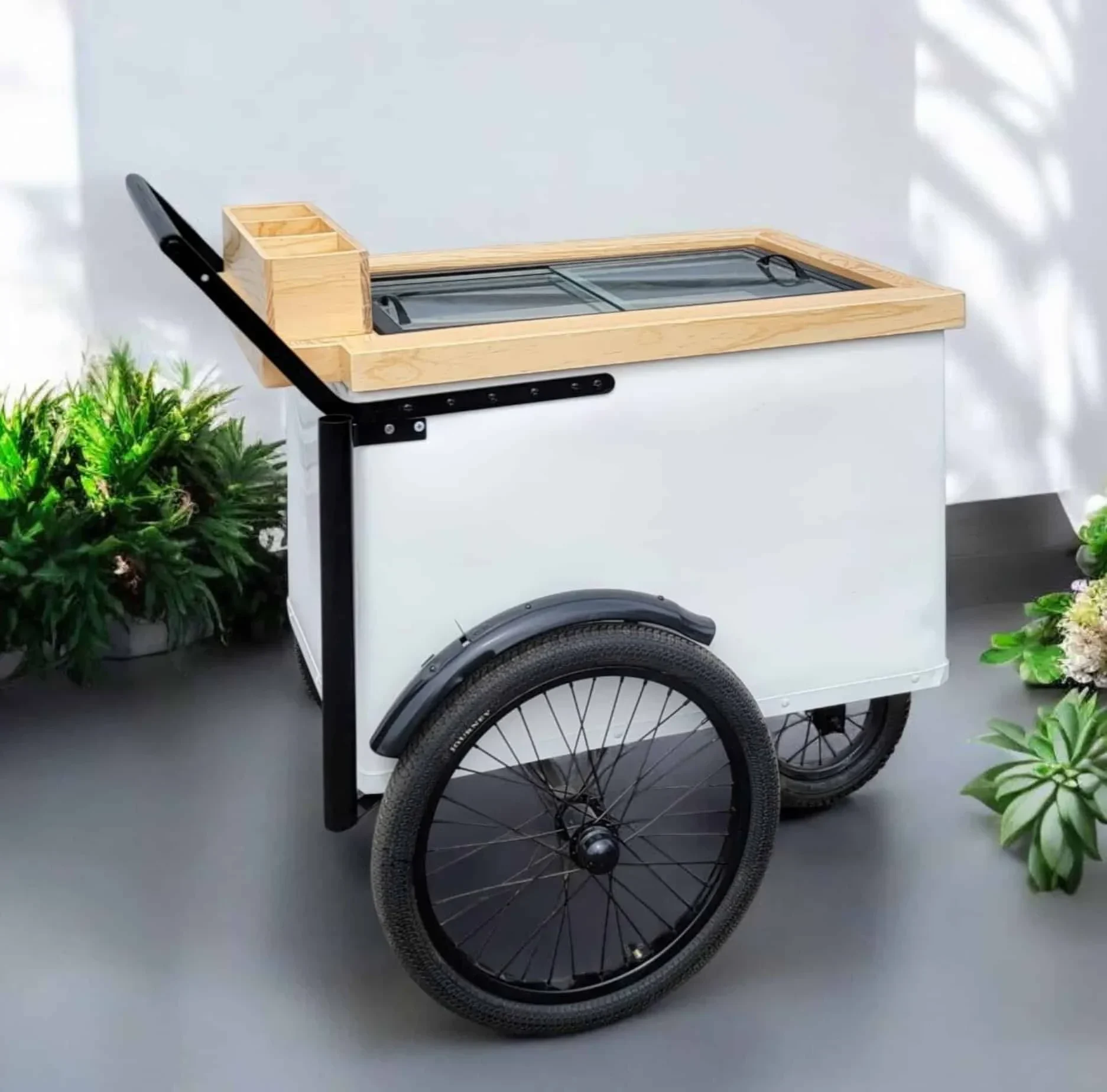 Tall Standard Size White with Black trim Popsicle Cart with Sliding Glass Doors and Bicycle Tires
